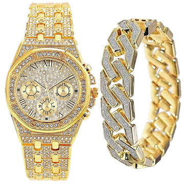 NEW Luxury Top Brand  2pcs Gold Colour Cuban Chain Male Bling Iced Out Wristwatch Bracelet for Men - The Jewellery Supermarket